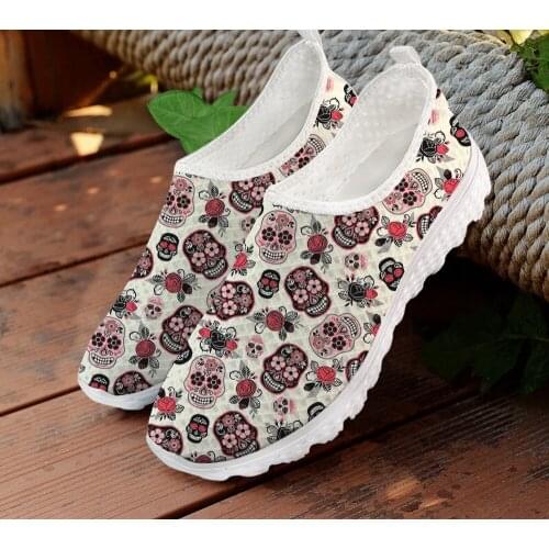 INSTANTARTS Floral Sugar Skull Pattern Mesh Flat Shoes for Women Outdoor Walk Sneaker Slip on Loafers Shoe Lady Lazy Shoe Casual