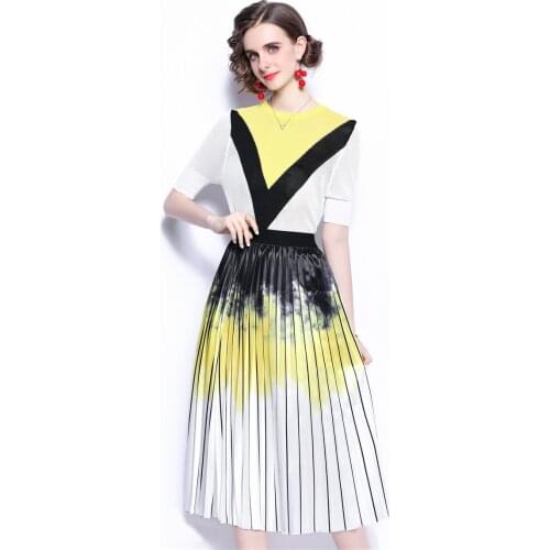 Women Summer Designer Elegant Two Piece Set High Quality Female Contrast Color Knit Top + Fashion Tie-dyed Pleated Skirt Set