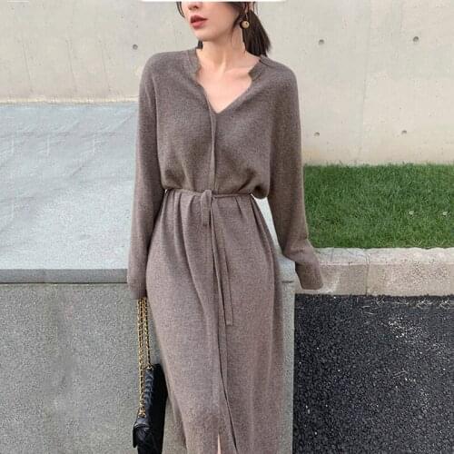 New 2020 Autumn Spring Women Dress Sashes Solid Korean Style V Collar Knitting Sweater Dresses Elegant Office Ladies Vestido