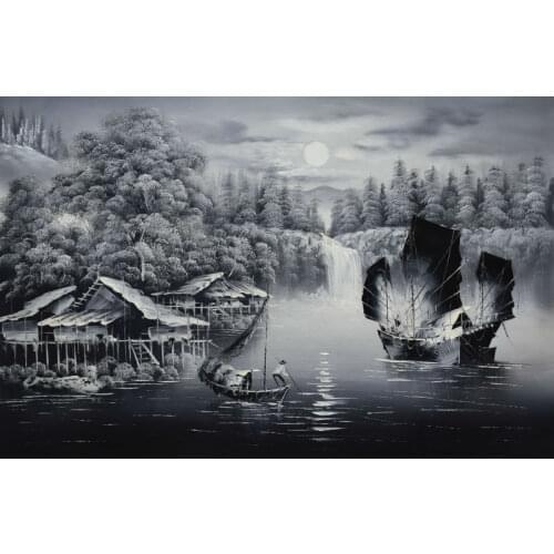 100% Hand Painted High Quality White and Black Sailing Boat Canvas Painting Modern Landscape Wall Pictures L for Living Room