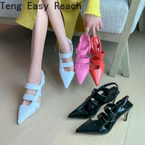 2021 Split Leather Luxury Brand Popular Chic Sexy Lady Pumps Bandage Strap Pointed Toe Rosy Pink Thin High Heels Womens Sandals