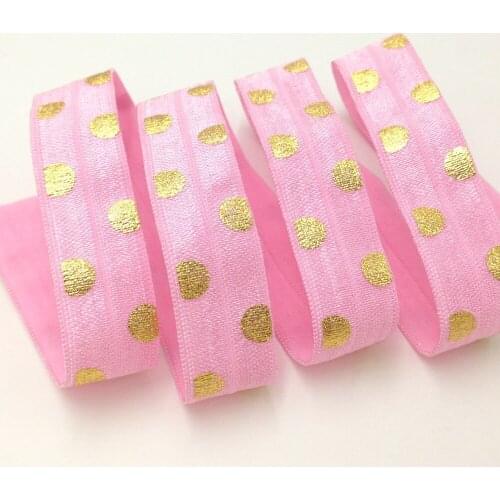 5 Yards 5/8 Pink Gold metallic Big Polka dots printed Fold over Elastic, DIY Hair elastic,baby headband, Sewing supplies
