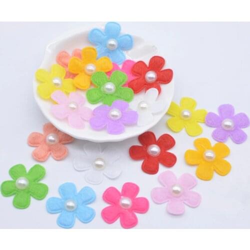 50Pcs 26mm Cloth Flower Embellishment with Pearl for Clothes Patch Fabric Sewing Crafts Socks Gloves Shoes Decal Headwear Decor