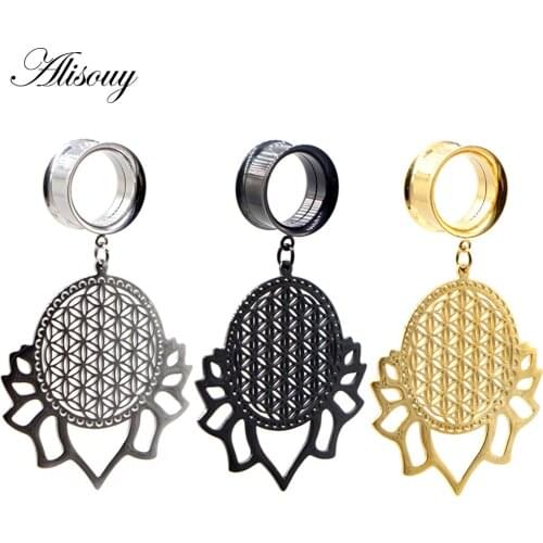 Alisouy 2pcs Hollow Leaf lace Dangle Stainless Steel Ear Plugs and Tunnels Expander Gauges Stretched Flesh Piercing Body Jewelry