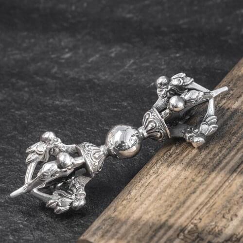 Solid 999 Sterling Silver handmade vajra pestle amulet mens pendant Charm jewelry A5682