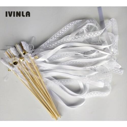 50Pieces/Lot white lace Wedding Wands Birthday Party christamas ribbon stick with bell