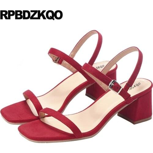 Two Strap Sandals Famous Brand Women Pumps Elegant Red Shoes Summer Block Soft Square Ladies Thick Chunky 2021 Bridal Low Heel