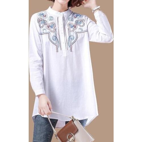 Ethnic Embroidery Ladies Blouse Plus Size Women Vintage Top Long Sleeve Cotton Linen White Shirt Autumn Spring Tunic Button Up