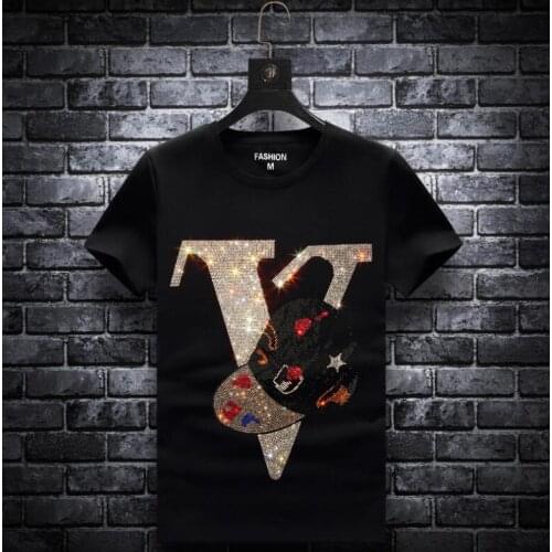 Letter Rhinestones T Shirts Men Brand Short Sleeve Fashion Women Streetwear O Neck Slim Modal Cotton Tshirts Plus Size 7XL