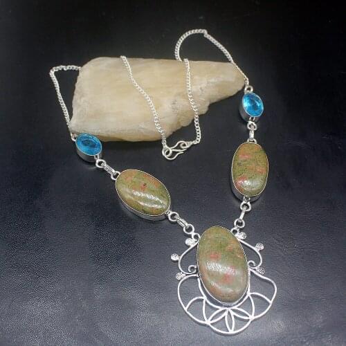 Gemstonefactory Jewelry Big Promotion Unique 925 Silver Natural Green Unakite Blue Topaz Women Chain Necklace 46cm 202101495