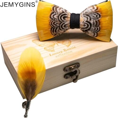 JEMYGINS Original Design Bow Tie Natural Feather Hand Made Yellow Bowtie Brooch Gift Box Set For Men Wedding Party Bowtie