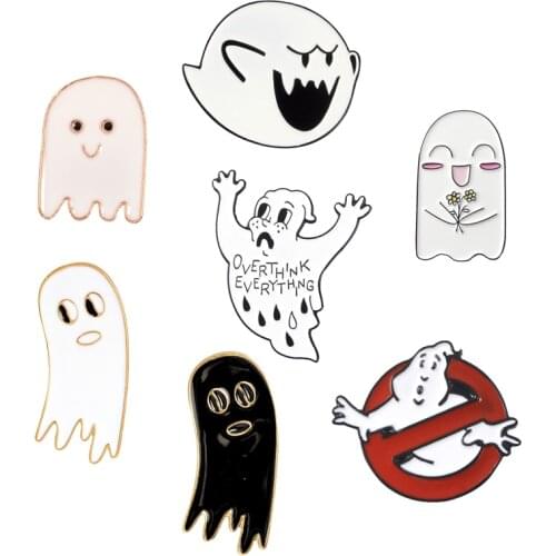 Cartoon Ghost Lapel Metal Pins "OVERTHINK EVERYTHING" Prohibition icon Brooches Badges Clothes Pins Jewelry Gifts For Friends