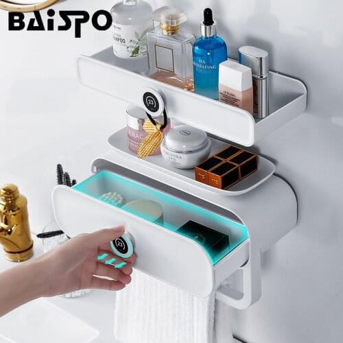BAISPO Bathroom Organizer Storage Shelf With Towel Rack Toilet Multifunctional Shampoo Storage Wall Shelf Bathroom Accessories