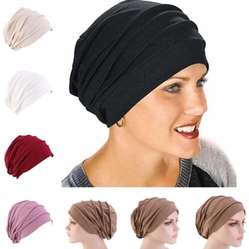 2021 New Elastic Cotton Turban Hat Solid Color Women Warm Winter Headscarf Bonnet Inner Hijabs Cap Muslim Hijab Femme Wrap Head