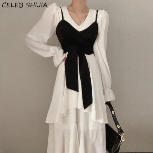 Chic White Chiffon Dress Woman Fall V-neck Flare Sleeve Party Evening Dresses Woman Korean Elegant Black Long Bodycon Dress