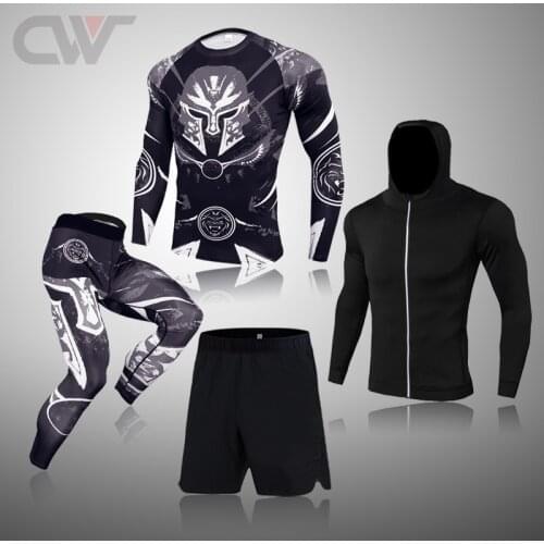 Brand Man Gym Workout Run Sweatshirt First layer Training Suits MMA Compression Sport Suit 3D Printing Jogging Clothing 4pc Set