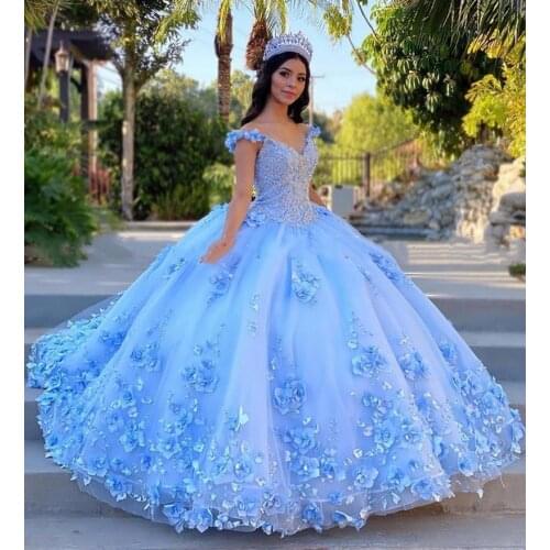 Light Sky Blue Quinceanera Dresses Ball Gown Off Shoulder 3D Rose Flowers Puffy Sweet 16 Dress Celebrity Party Gowns Graduation