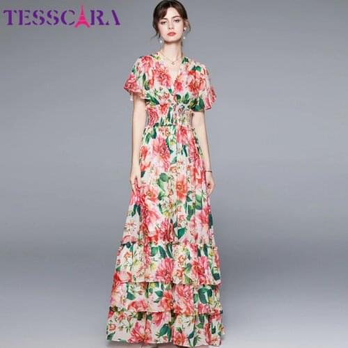 TESSCARA Women Summer Elegant Floral Dress Festa High Quality Long Maxi Party Robe Femme New Fashion Designer Chiffon Vestidos