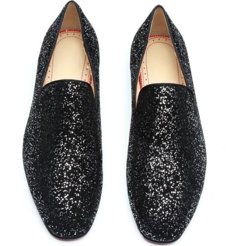 2019 Plain Black Sequins Flat Slip-on Loafers Smoking Dress Shoes Shining Glitter Sapatos Handmade Fashion Male Casual Shoes