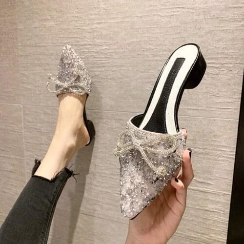 Koovan Womens Slippers Outside Women New Summer 2021 Diamond Cool Procrastinate Bow Pointed Thick Heels Footwear Shoes For Girl