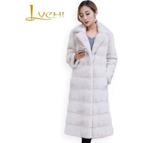 LVCHI Winter 2019 Turn Down Collar Long Real Mink Fur Coats Womens Button White Long Sleeve Loss O L X-Long Causal Mink Coats