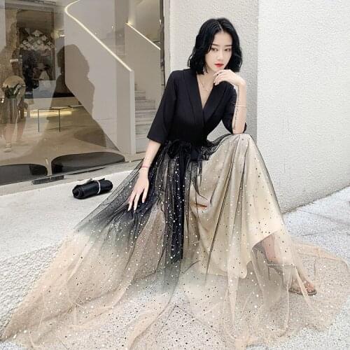 Black Fantasy Starry Gradient Female Qiapo Temperament Cheongsam Elegant Evening Party Dress Banquet Robe De Soiree Vestidos