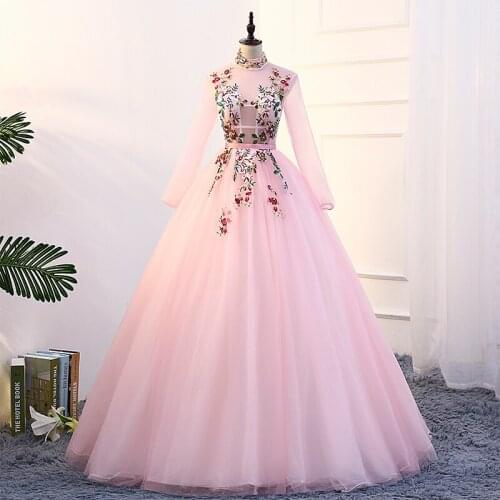 Host solo gown new color yarn studio stage performance pink evening gown stand collar unlined skirt