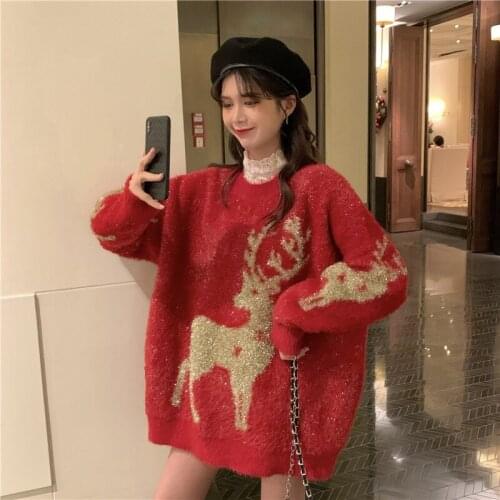 2020 Autumn and Winter New Korean Fashion Skin-friendly Bright Silk Christmas Snowflake Sweater Loose Mohair Thickening Blouse