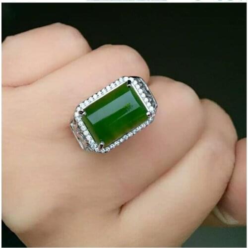 Free shipping Natural Hetian Jade Man Ring 925 sterling silver Wholesales Fine jewelry 9*13mm gem