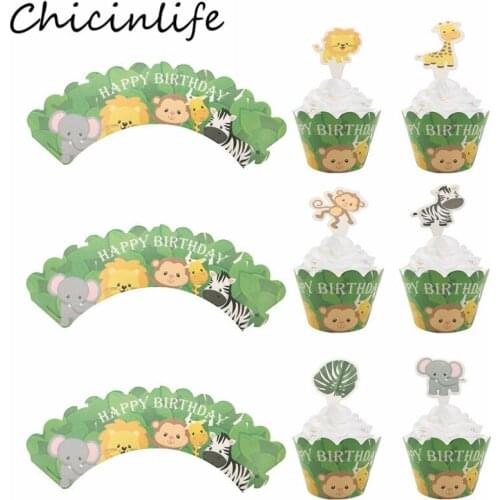 Chicinlife 12Pcs Safari Jungle Animal Lion Zebra Cupcake Wrappers Happy Birthday Party Baby Shower Boy Kids Jungle Party Supplie