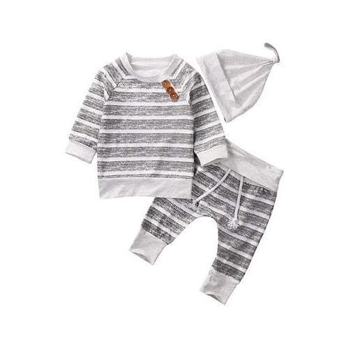 0-18M 3pcs Newborn Baby Boy Girls Long Tops New T shirt+Pants+Hat Autumn Infant Kids Striped Outfits Cotton Clothes Clothing Set