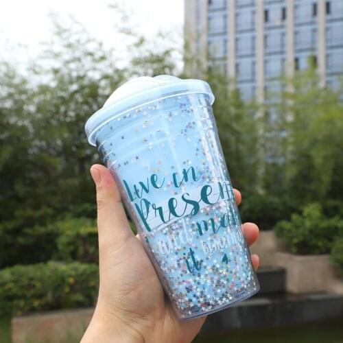 Double plastic cup with straw dreamy glitter water cup lovers student summer juice made cold cup, mugs coffee cups cups