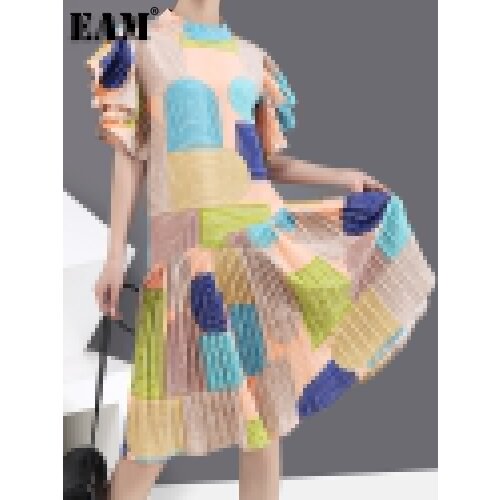 [EAM] Women Pattern Printed Ruffles Midi Dress New Stand Collar Short Sleeve Loose Fit Fashion Tide Spring Summer 2021 1Y589