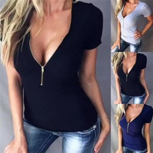 Summer Sexy V-Neck T Shirt Women Solid Zipper Slim Pullovers Top Short Sleeve Casual Tee Shirt Ladies Large Size Streetwear 2021