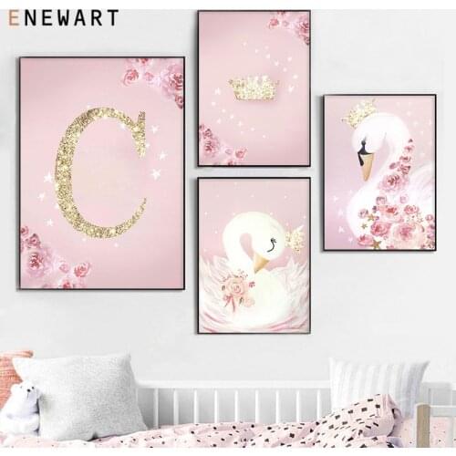Custom Cappital Letters Canvas Painting Pink Swam Wall Art Pictures Nordic Nursery Print Poster Home Decoration Gift Room Decor
