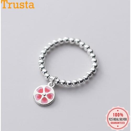 Trustdavis Minimalist Real 925 Sterling Silver Sweet Beads Red Flower Elastic Rings For Women Wedding Party S925 Jewelry DA1374