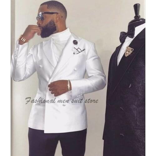 White Jacket Black Pant Costume Homme Men Wedding Suit Slim Fit 2 Pieces Double Breasted Tuxedo Groom Prom Blazer Masculino