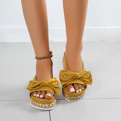 Summer Womens Peep Toe Slippers Wedge Thick Bottom Plus Size Fashion bow sandals Ladies Fashion Woven bottom slippers 36-43