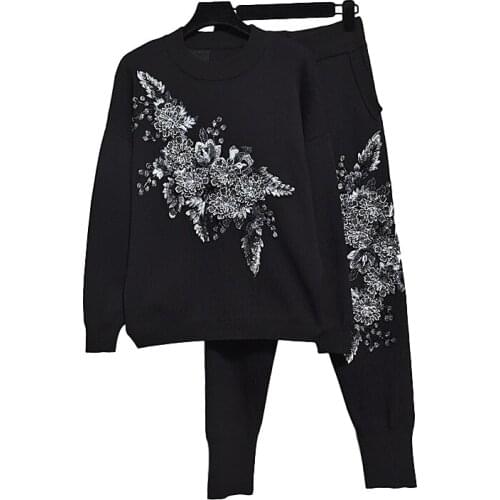 Fashion Autumn 2 Piece Set Women Korean Flowers Loose Long sleeve Knitted Sweater Top + Casual Little feet Pants Knit Set H712