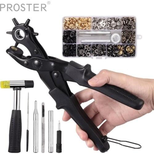Proster Hole Punch Plier Set Revolving Punch DIY Hand Tool with Plier Ruler Grinding Rod Hammer & 150pcs Leather Snap Fasteners