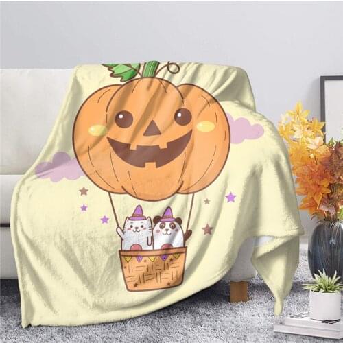Cartoon Halloween Cat and Panda Print Throw Blankets for Kids Home Casual Keep Warm Quilt Big Pumpkin Balloon Design Bed Blanket