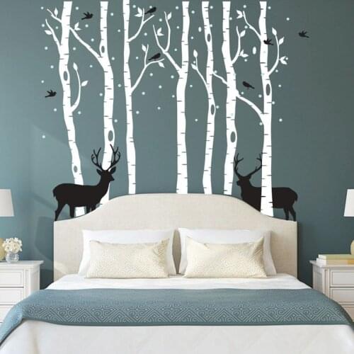 Huge Trees Elk Forest Wall Stickers 7 Birch Trees Set Removable Vinyl Wall Decals For Living Room Bedroom Wallpaper Home Decor