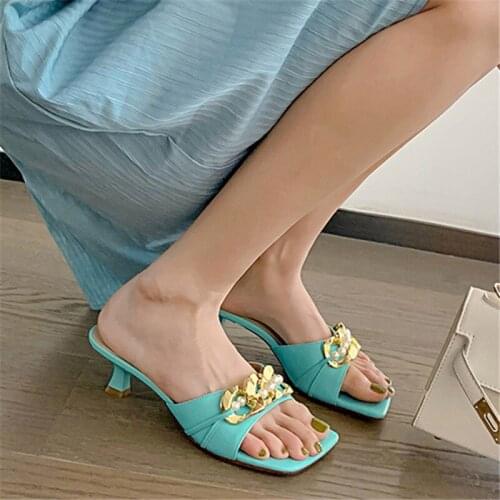 PXELENA Designer Korean Pearls Chain Women Genuine Leather Slides Kitten Med Heels 2021 Summer Slippers Yellow Blue Party Shoes