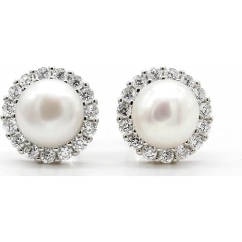 Pearl Stud Earrings 925 Sterling Silver Freshwater Pearl Earrings Clear Zircon Jewelry for Women Girls Valentines Day Gift