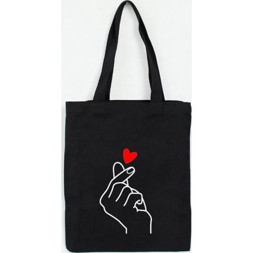 Heart Gesture Women Canvas Foldable Shopping Bag Cartoon Cotton Bag Female Handbags Tote Shoulder Shopper Bag Bolsa Feminina