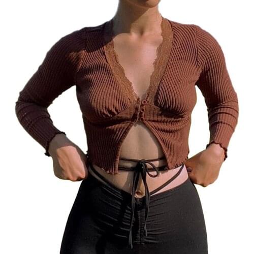 Hirigin Button Up Ribbed Knitted T-shirts Long Sleeve Crop Top Solid Casual Sexy V-neck Lace Trim T-Shirts For Women Shirts