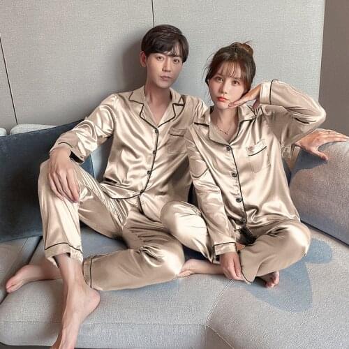 Spring Autumn Long-sleeved Trousers Couples Pajamas Lapel Cardigan Simulation Silk Pajamas Plus Size Sleepwear Set Home Clothes
