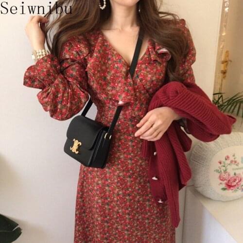 2021 New Women French Retro Dress Ruffles Flare Printing Flares Sleeves Gentle Elegant Chic Female Fashion Clothe
