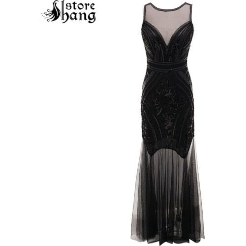 Womens Luxury Beaded Mermaid Porm Dress Art Deco Sexy V Back Floor Length Evening Gown 1920s Great Gatsby Flapper Long Dress