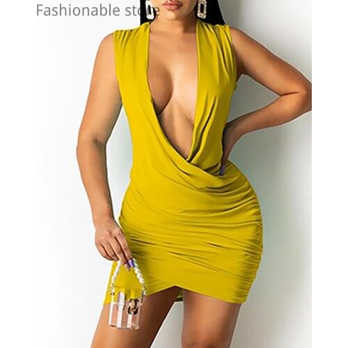 Women Sexy Sleeveless Deep V Neck Ruched Mini Dress